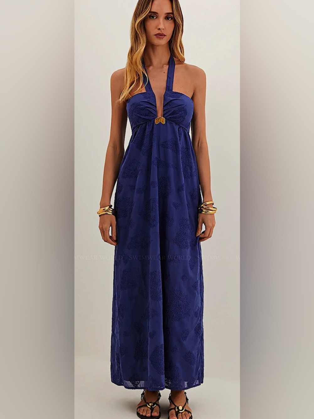 Navy Halter Maxi Dress with Gold Accent GORGEOUS